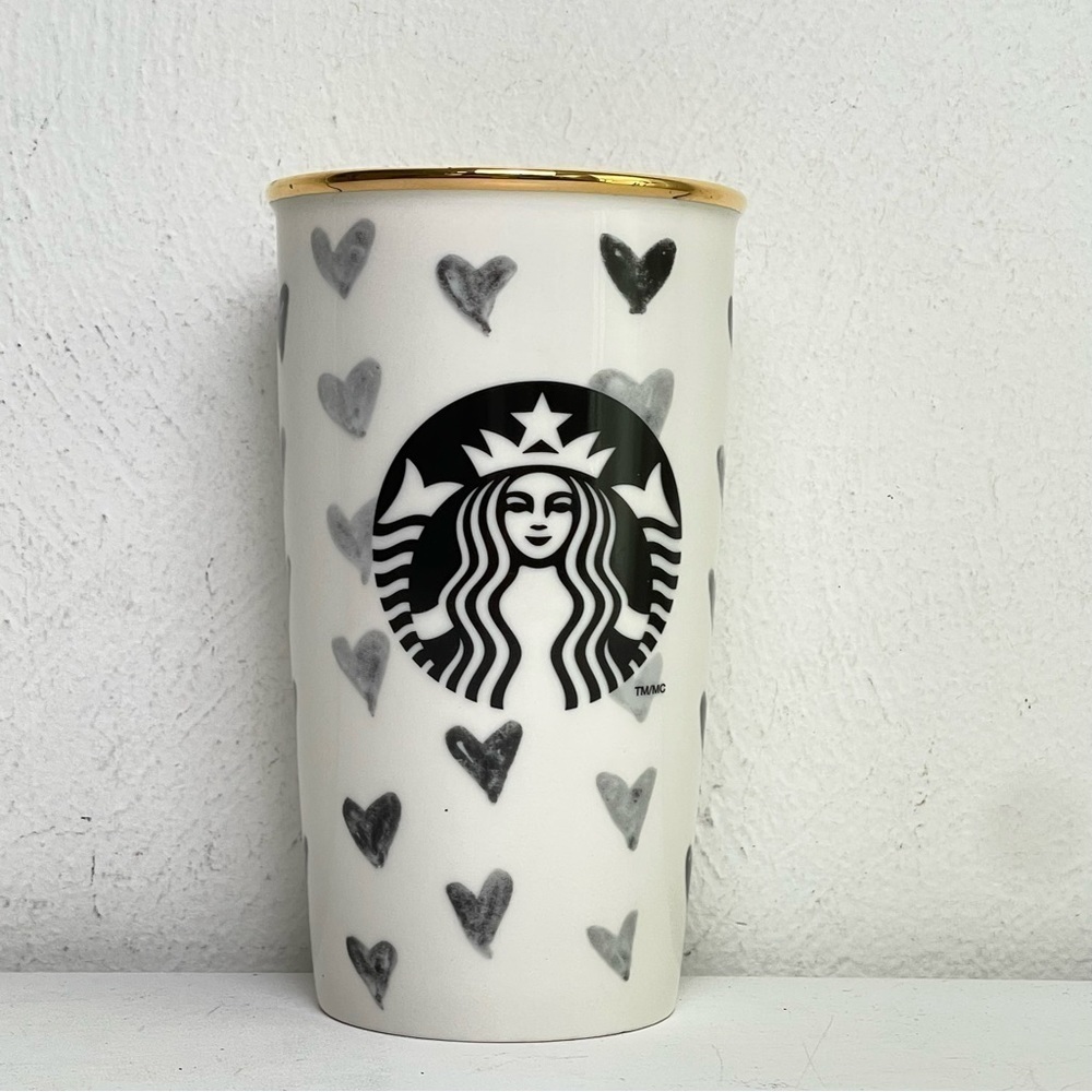STARBUCKS Vintage 2014 Black Hearts White Ceramic Tumbler Gold Rim Collectible - Picture 2 of 8